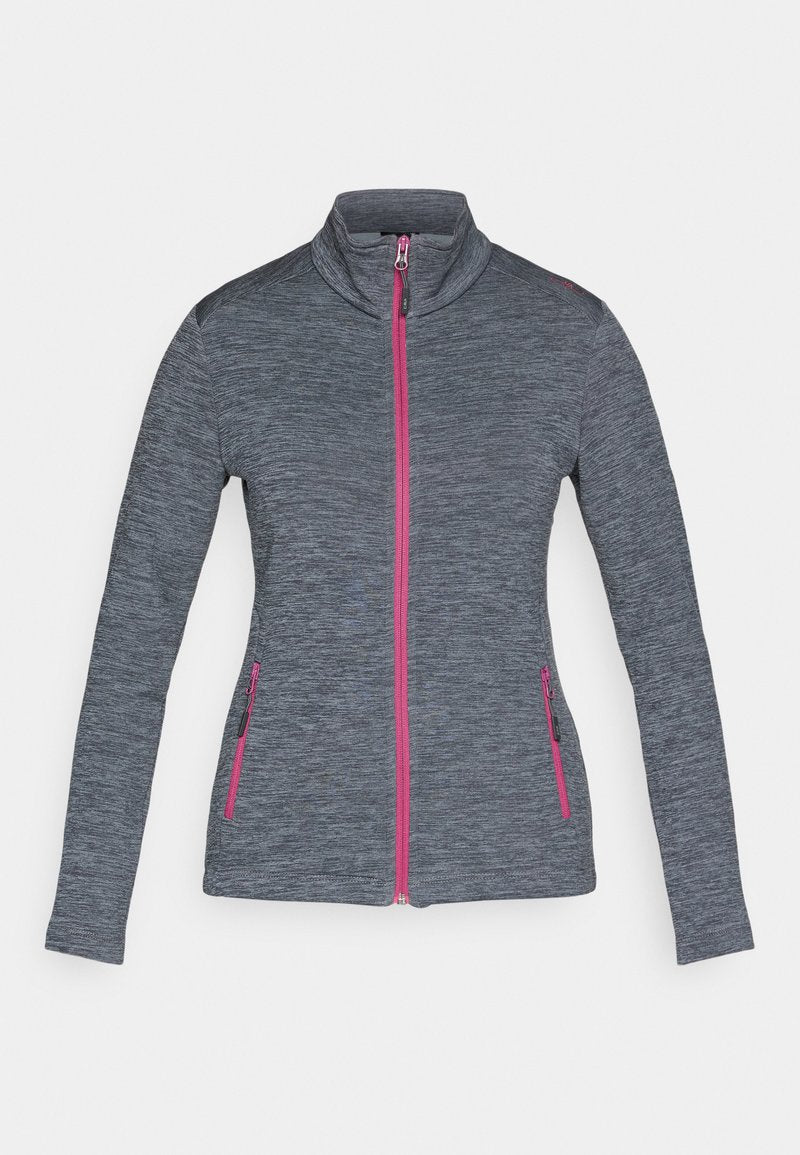 Graue Jacke mit durchgehendem Reißverschluss, pinkfarbenem Reißverschluss und Reißverschlüssen an den Taschen, langen Ärmeln und Stehkragen, flach auf weißem Hintergrund gelegt.