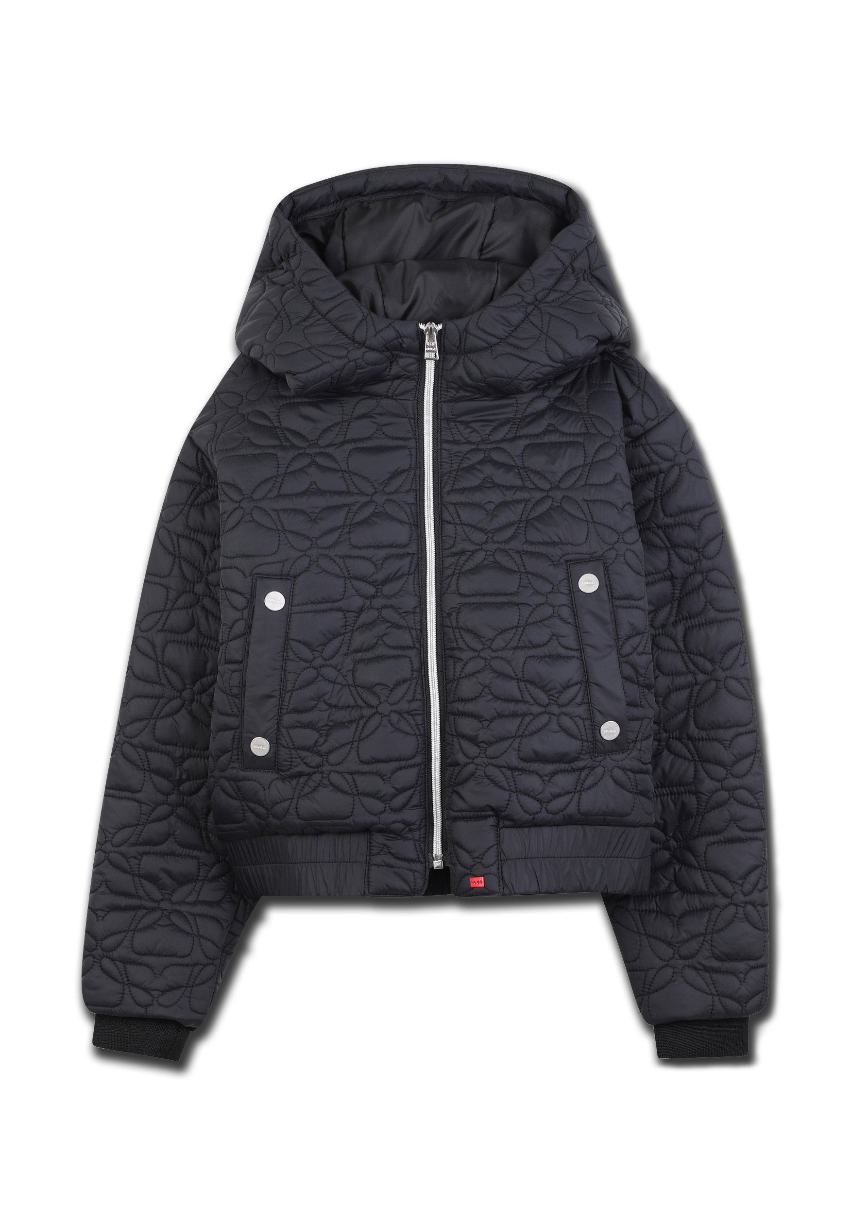 Schwarze gesteppte Jacke mit Kapuze, Frontreißverschluss, Druckknopf-Taschen und gerippten Bündchen, mit einem dezenten floralen Stichmuster.