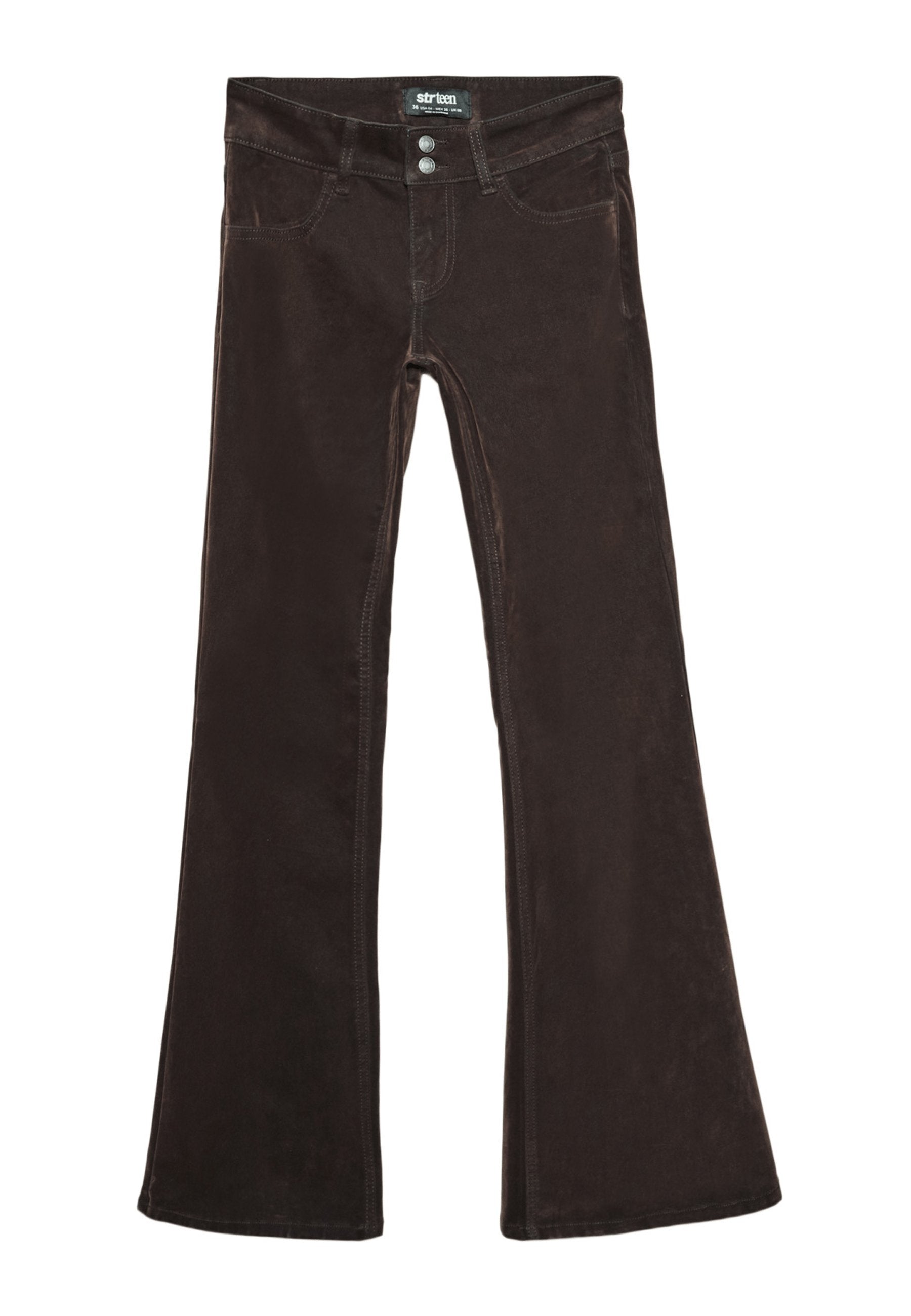 Braune, ausgestellte Jeans aus einem weichen Stoff, mit zwei Vordertaschen, zwei Hintertaschen und Metallknopfverschlüssen an der Taille.