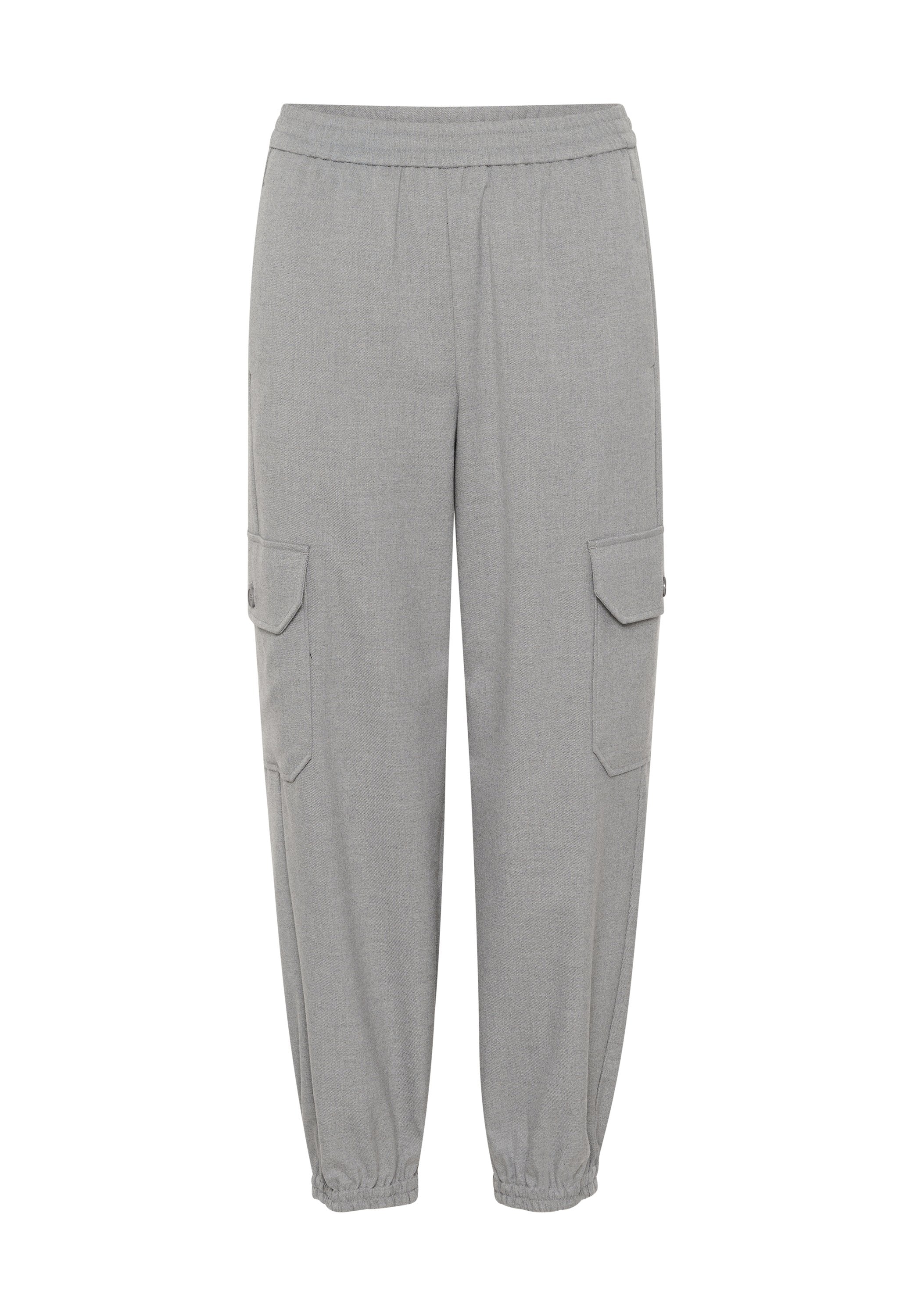 Graue Cargo-Hosen mit elastischem Bund, zwei Seitentaschen und elastischen Bündchen an den Knöcheln; weicher Stoff mit glatter Textur.