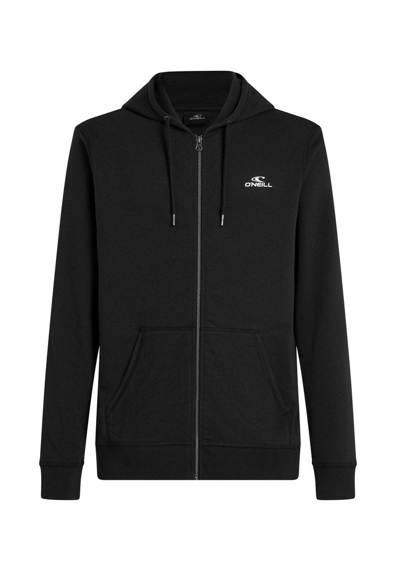 Schwarzer Kapuzenpullover mit Reißverschluss aus Baumwollmischung, mit Kordelzugkapuze, zwei Vordertaschen und kleinem weißem Logo auf der Brust.