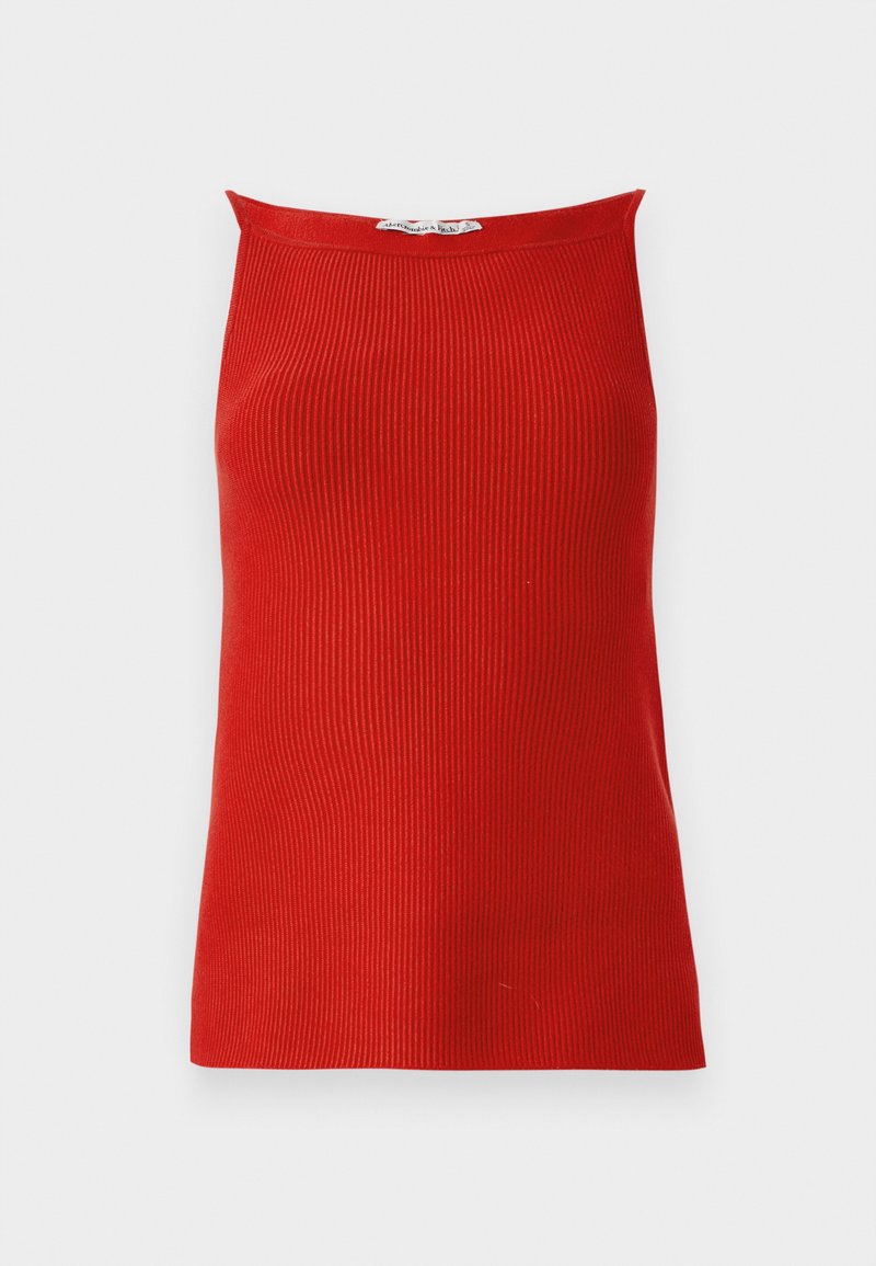 Rotes, geripptes Tanktop mit geradem Ausschnitt und figurbetonter Silhouette, aus glattem Stoff gefertigt. Keine sichtbaren Verschlüsse oder Muster.