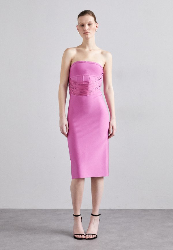 Hervé Léger DRAPED STRAPLESS FRINGE MIDI DRESS