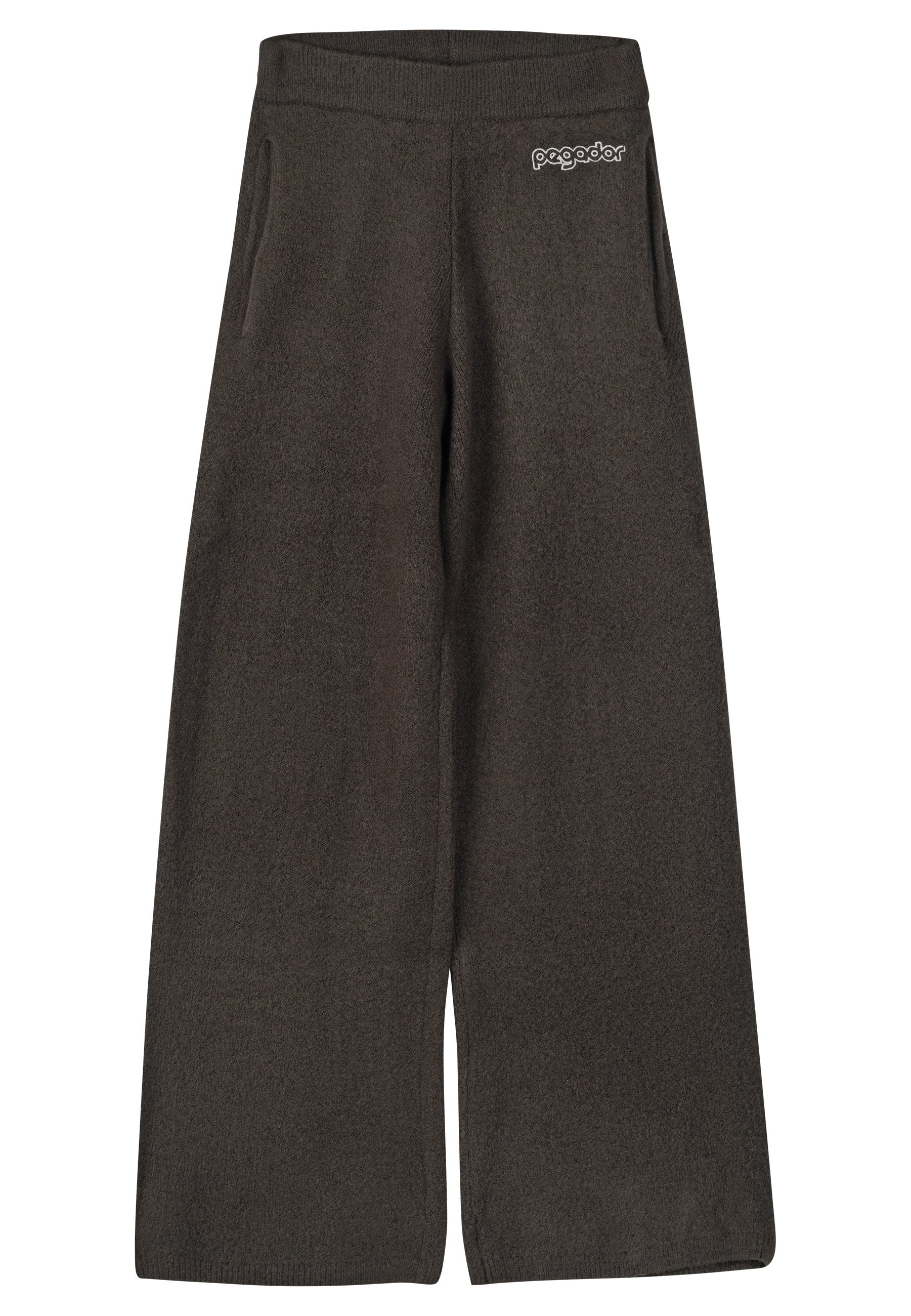 Weit geschnittene Hose aus dunkelgrauem Fleece-Material, mit einem Bund und Seitentaschen. Vorn mit dem Markenlogo versehen.