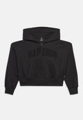 Schwarzer Zip-Hoodie mit Fronttaschen und "GAP 1969" in passendem schwarzem Garn über der Brust bestickt.
