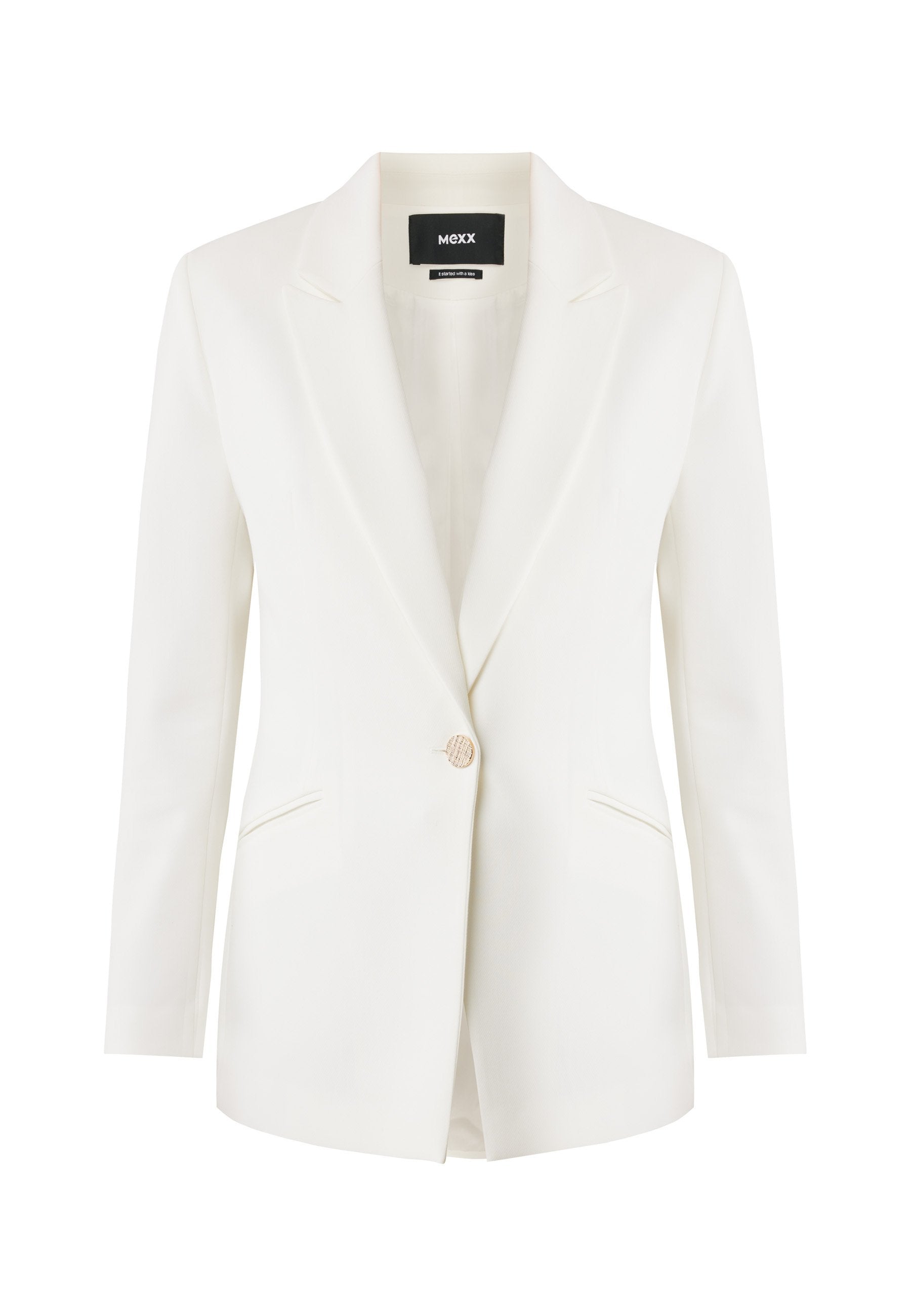 Weißer Blazer aus glattem Stoff mit einem einzelnen Knopfverschluss, Spitzrevers und zwei Fronttaschen. Taillierte Passform mit strukturiertem Design.