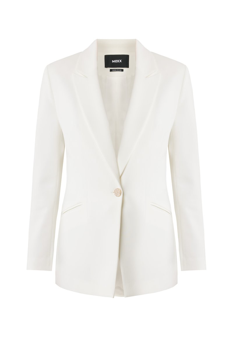 Weißer Blazer aus glattem Stoff mit einem einzelnen Knopfverschluss, Spitzrevers und zwei Fronttaschen. Taillierte Passform mit strukturiertem Design.