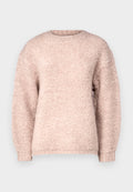 Helles rosafarbenes Sweater aus weichem, strukturiertem Stoff. Hat einen runden Halsausschnitt und lange, leicht puffige Ärmel. Der Saum ist geripppt.