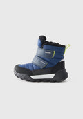 Kinderwinterstiefel in Blau und Schwarz mit schwarzem Kunstfellfutter, zwei Klettverschlüssen, strukturiertem Sohlen und "Geox Amphibiox"-Markierung an der Seite.