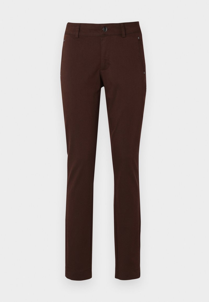 Braune, schmal geschnittene Hosen mit glatter Textur, ausgestattet mit Fronttaschen, einem Knopfverschluss und subtilen Stichakzenten.