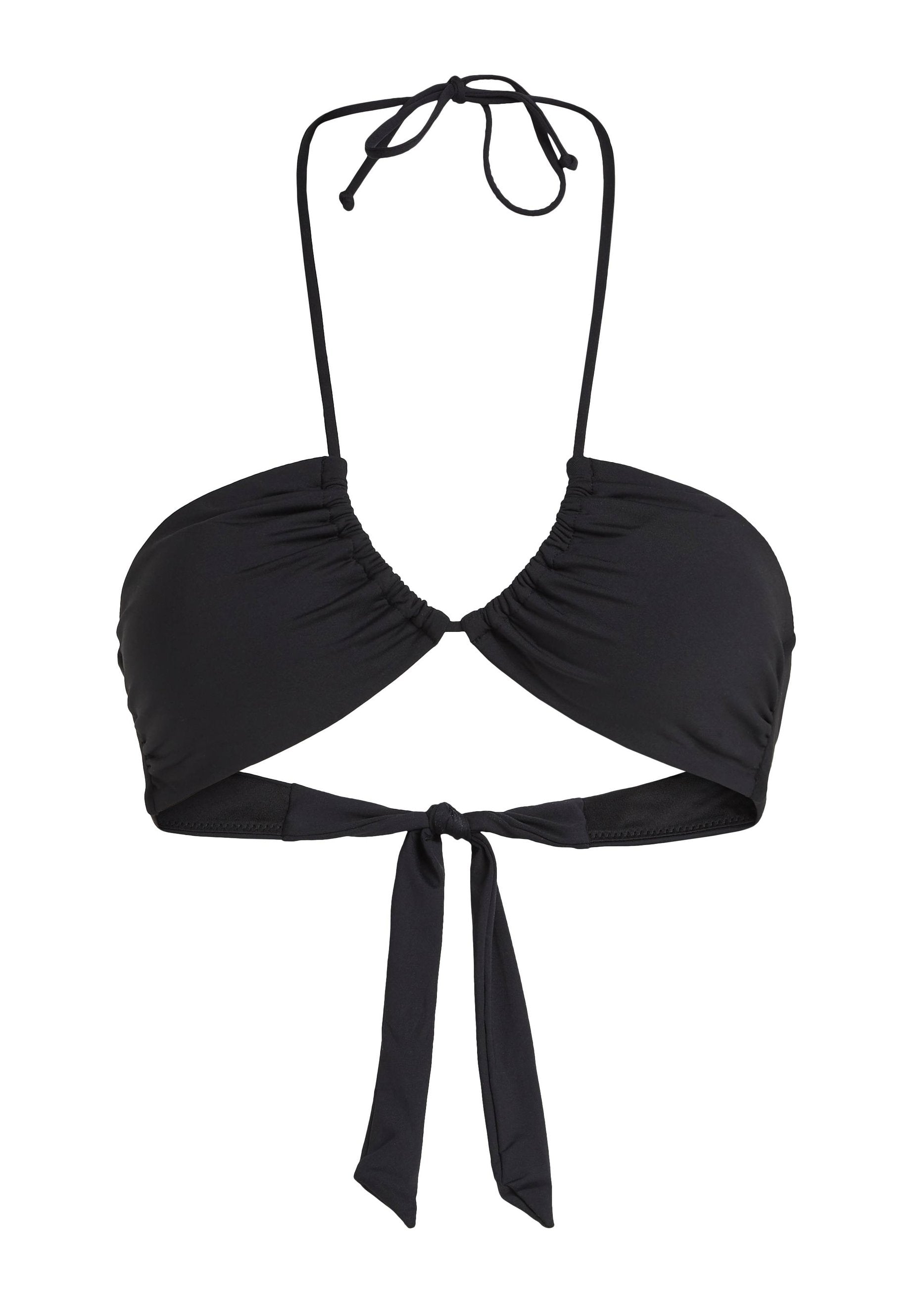 Schwarzes Bikini-Oberteil mit gerafftem Design, Halterneck-Bindungen und einem geknoteten Rückengurt. Aus glattem Stoff mit minimalen Details gefertigt.