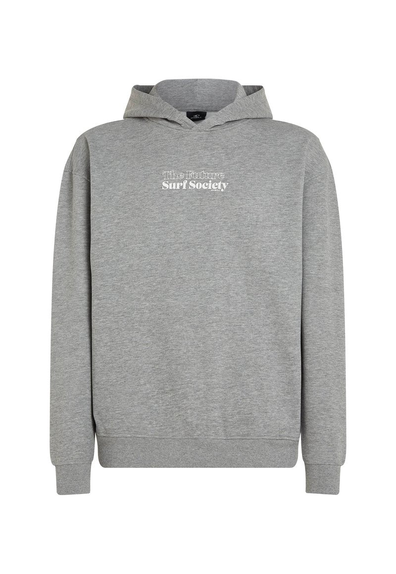 Grau Hoodie aus weichem Fleece-Material. Verfügt über eine Kängurutasche und eine Kapuze mit Kordelzug. "The Future Surf Society"-Logo auf der Vorderseite gedruckt.