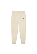 Beige Sweatpants mit elastischem Bund und Bündchen, ausgestattet mit zwei Seitentaschen und einem kleinen gestickten Blumenmotiv auf der Vorderseite.