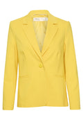 Gelber maßgeschneiderter Blazer mit einem einzelnen Knopfverschluss, zwei Vordertaschen, schmalen Revers und glatter Textur. Gefüttertes Innenfutter.