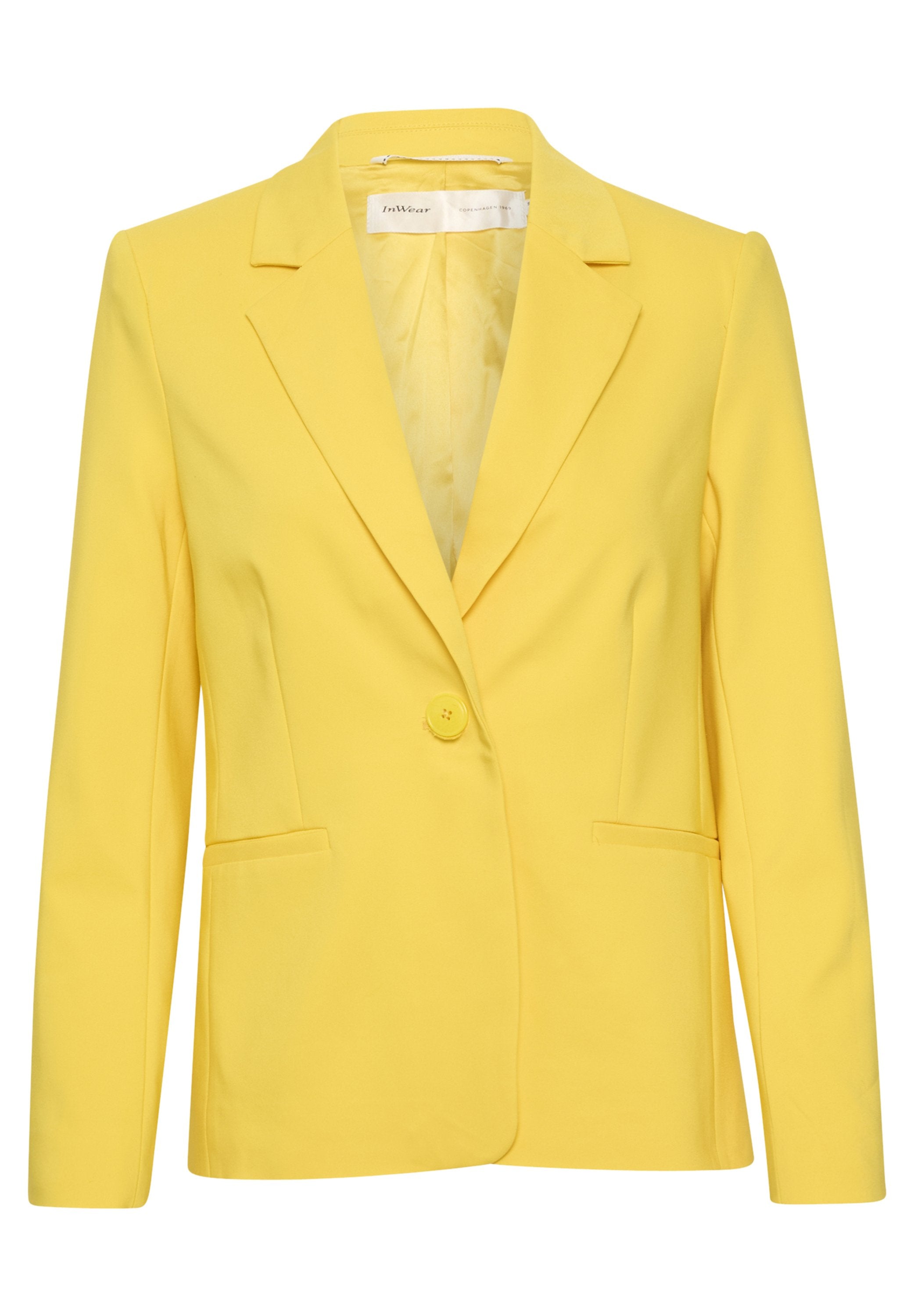 Gelber maßgeschneiderter Blazer mit einem einzelnen Knopfverschluss, zwei Vordertaschen, schmalen Revers und glatter Textur. Gefüttertes Innenfutter.
