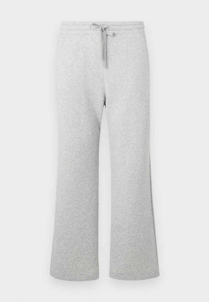 Hellgraue Sweatpants aus Baumwollmischung mit geraden Beinen, elastischem Bund, Kordelzug und Seitentaschen, flach auf weißem Hintergrund gezeigt.