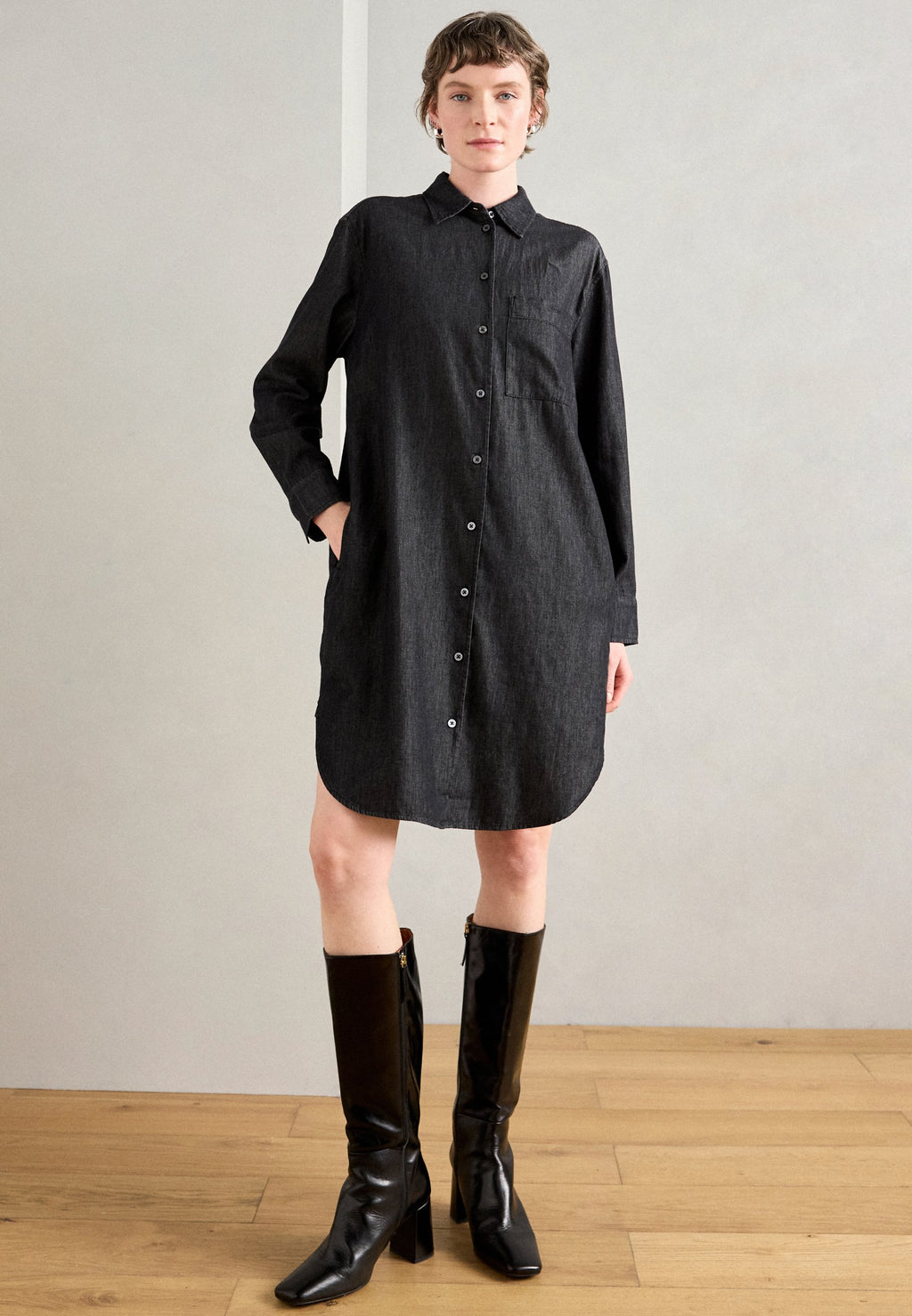 Marc O'Polo SHIRT DRESS ROUND HEM CHEST POCKET COLLAR LONG SLEEVE SOLID
