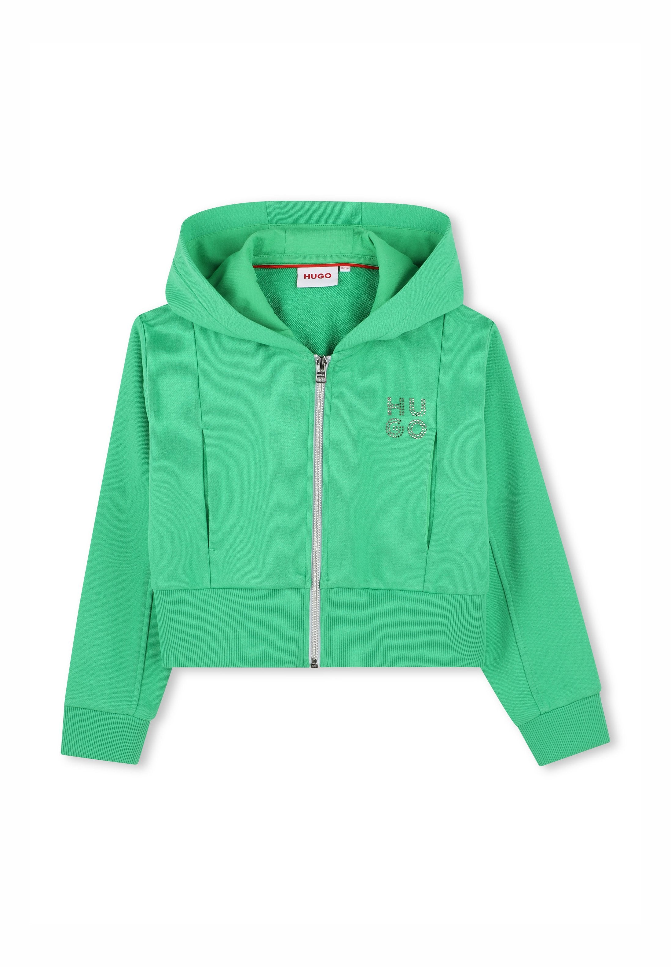 Hellgrünes, cropped Zip-Hoodie mit Kapuze, langen Ärmeln und Strassstein-"HUGO"-Logo auf der linken Brust.