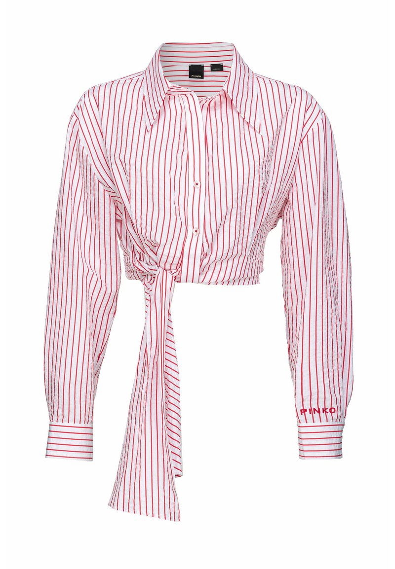 Gekürzte Bluse mit roten und weißen vertikalen Streifen, einer Krawattenfront und langen Ärmeln mit Manschettendetails.