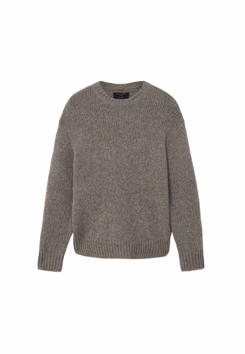 Grau gestrickter Pullover mit Rundhalsausschnitt und langen Ärmeln, mit gerippten Bündchen und Saum, flach auf weißem Hintergrund ausgelegt.