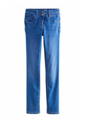 Blaue Denim-Jeans, mit geradem Bein, mittlerer Waschung, zwei Fronttaschen, doppelte Knopfverschluss und robuste Nähte entlang der Nähte.