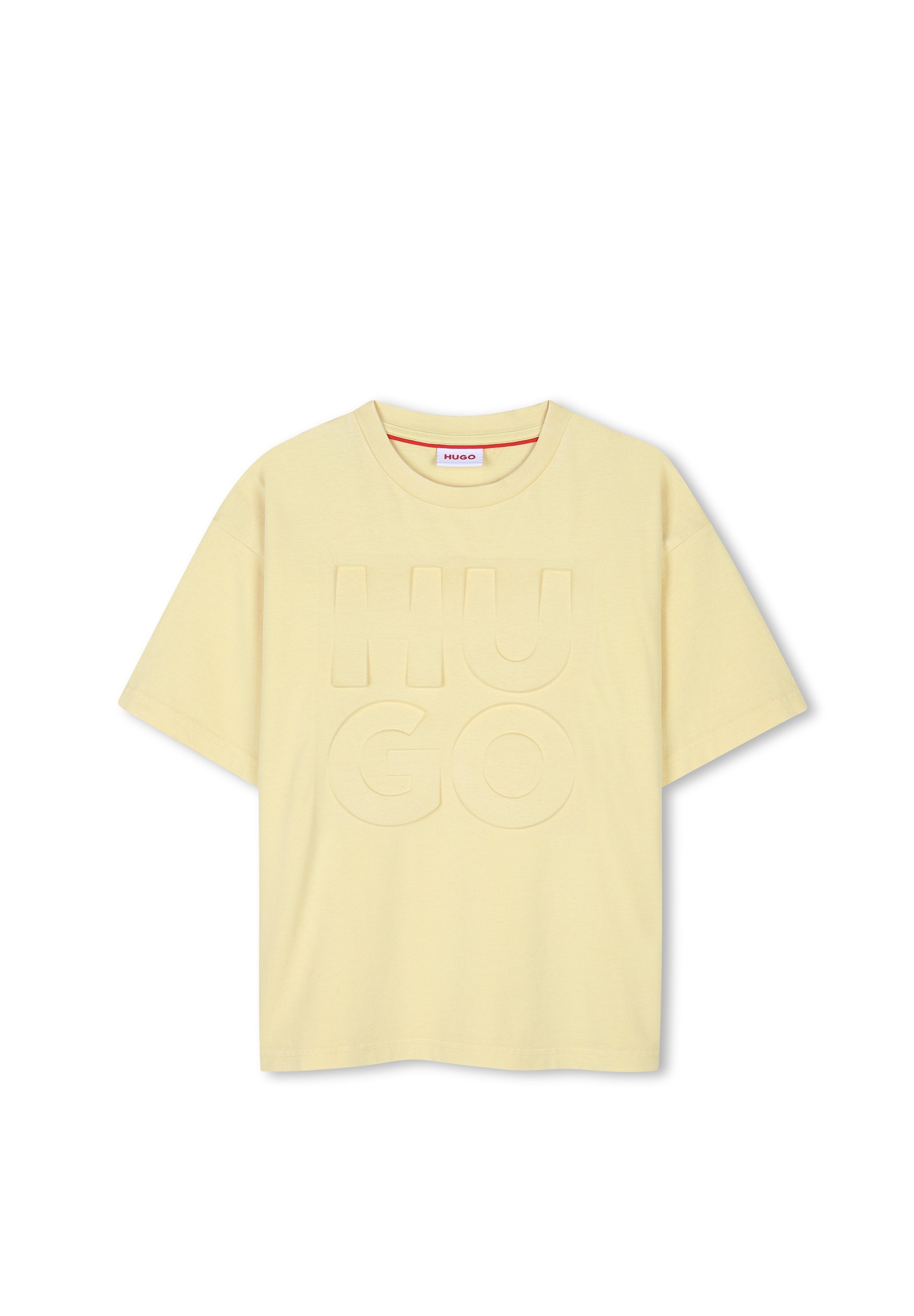 Gelbes T-Shirt mit kurzen Ärmeln, geprägt mit "HUGO"-Schriftzug auf der Vorderseite, Rundhalsausschnitt und bequemer Passform, aus weichem Baumwollmaterial.