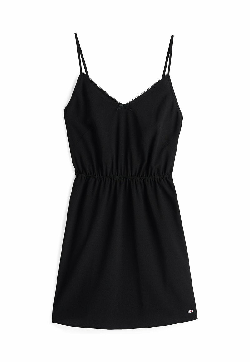 Schwarzes ärmelloses Kleid mit V-Ausschnitt, elastischem Bund und dekorativer Spitzenverzierung. Es verfügt über ein kleines Schleifendetail am Ausschnitt.