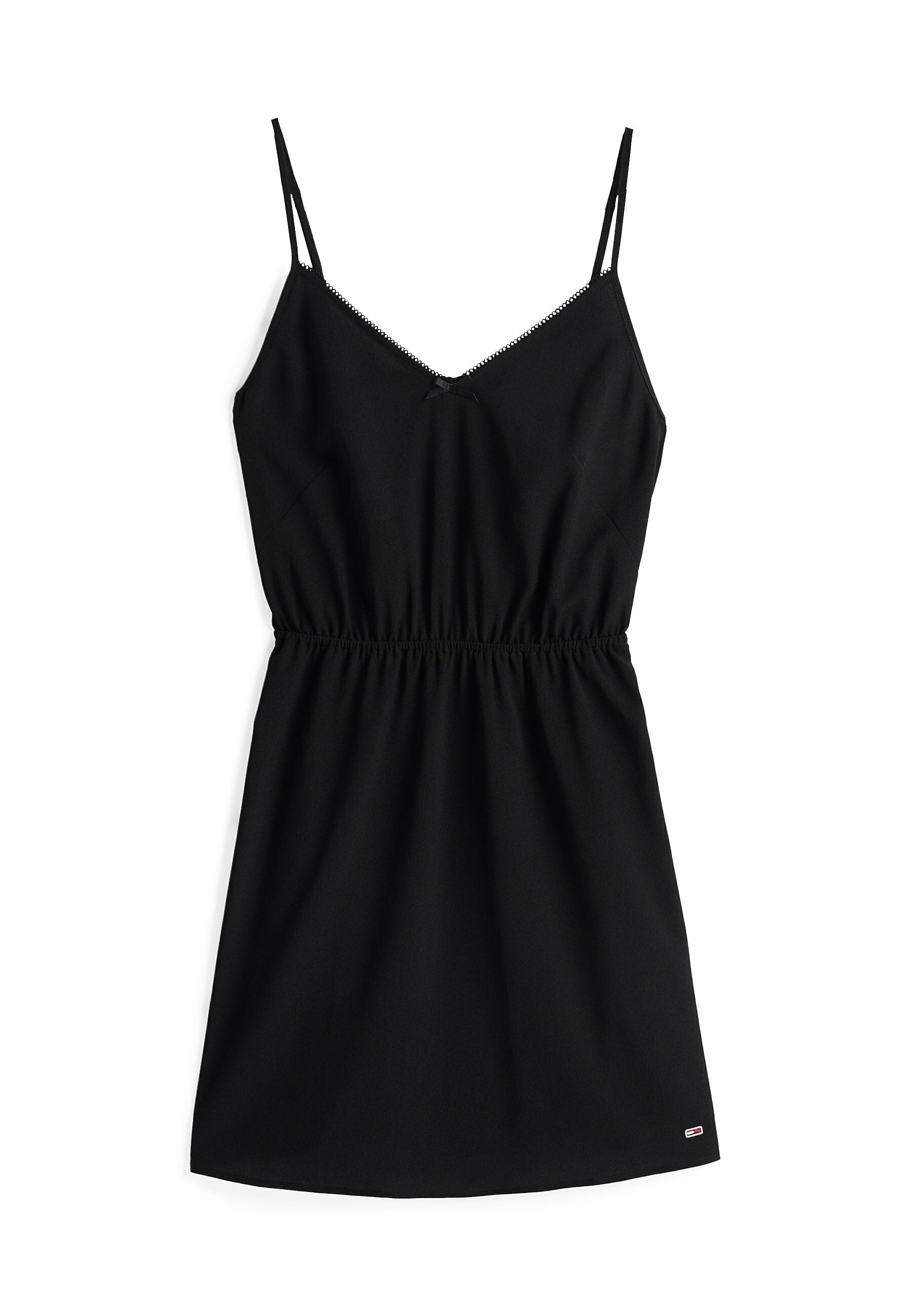 Schwarzes ärmelloses Kleid mit V-Ausschnitt, elastischem Bund und dekorativer Spitzenverzierung. Es verfügt über ein kleines Schleifendetail am Ausschnitt.