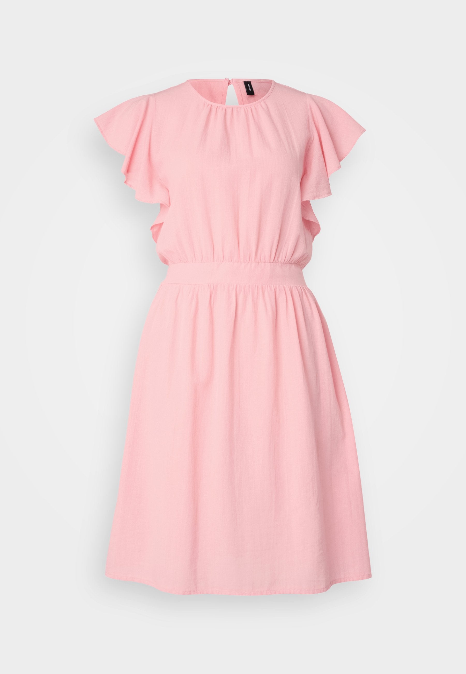 Rosa Kleid aus leichtem Stoff, mit schwingenden Ärmeln, einem runden Ausschnitt und einem elastischen Bund für eine lässige Passform.