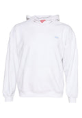 Weiße Kapuzenjacke aus weichem Stoff, mit einer Vordertasche, lässigem Schnitt, gerippten Bündchen und einem kleinen blauen Logo auf der Brust.