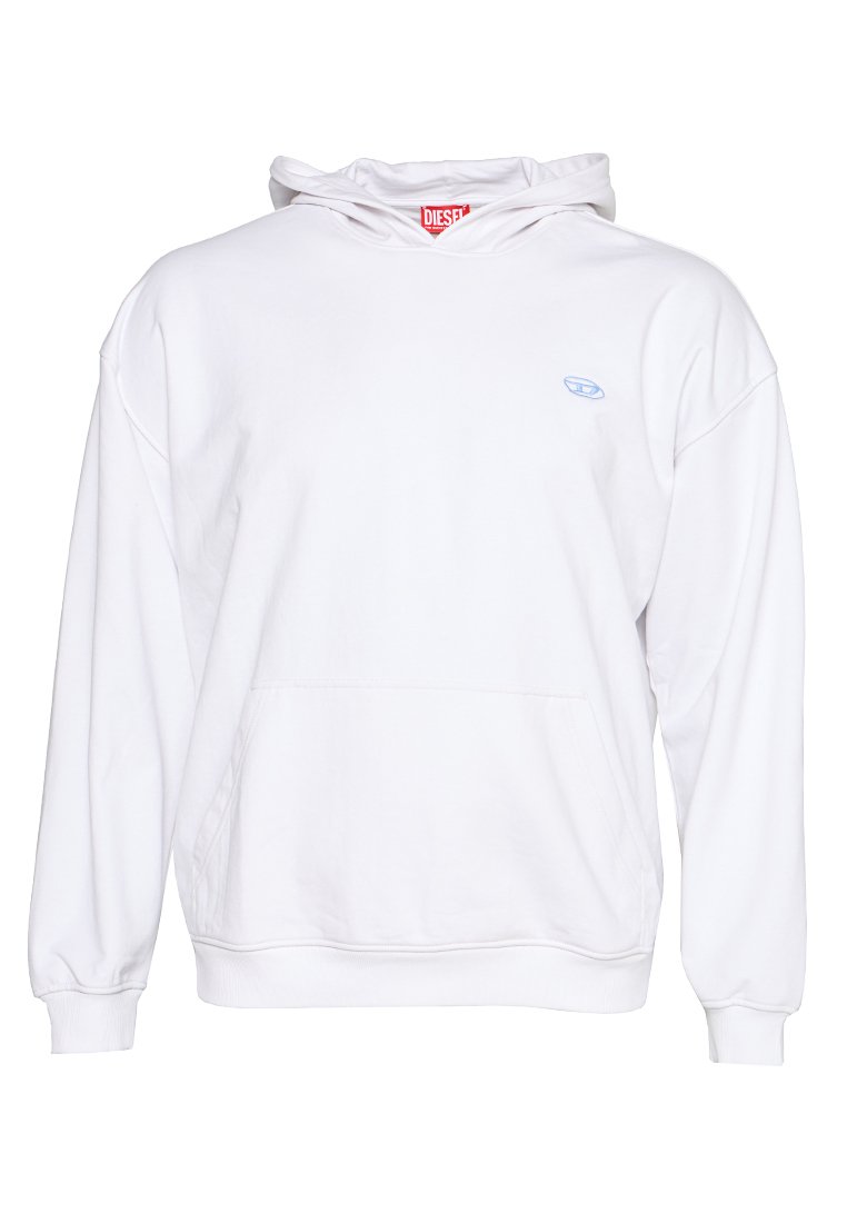 Weiße Kapuzenjacke aus weichem Stoff, mit einer Vordertasche, lässigem Schnitt, gerippten Bündchen und einem kleinen blauen Logo auf der Brust.