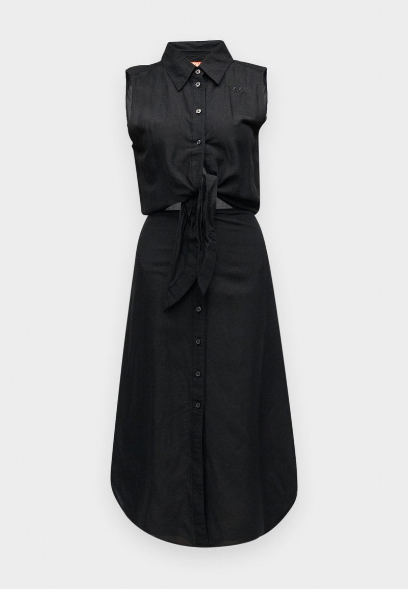 Ärmelloses schwarzes Hemdkleid mit Kragen, vorn gebunden in der Taille und Midi-langer Saum.