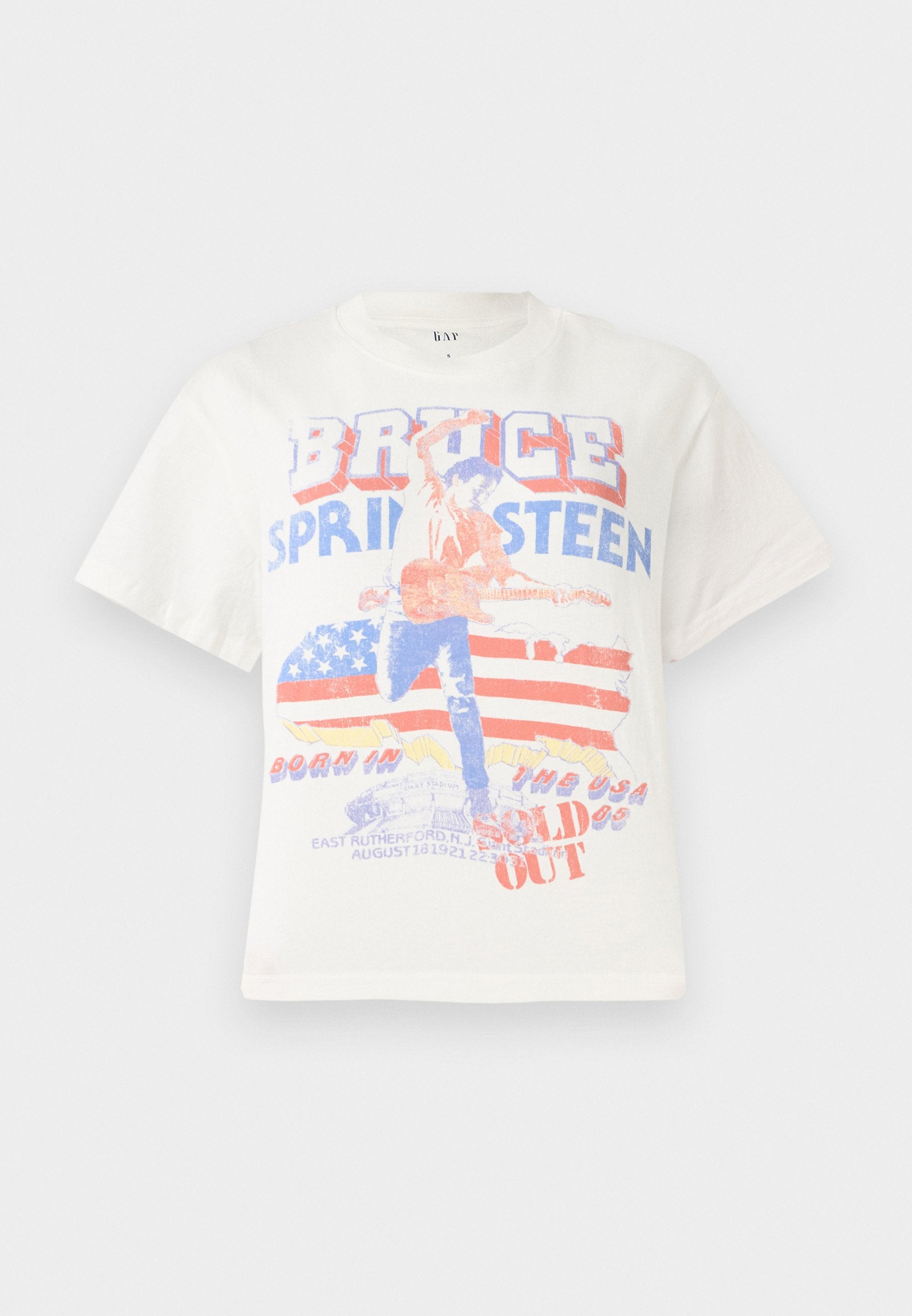 Weißes Baumwoll-T-Shirt mit einem Grafikdruck eines Gitarristen, dem Text "Bruce Springsteen" und einem Hintergrund in Rot und Blau mit der amerikanischen Flagge.