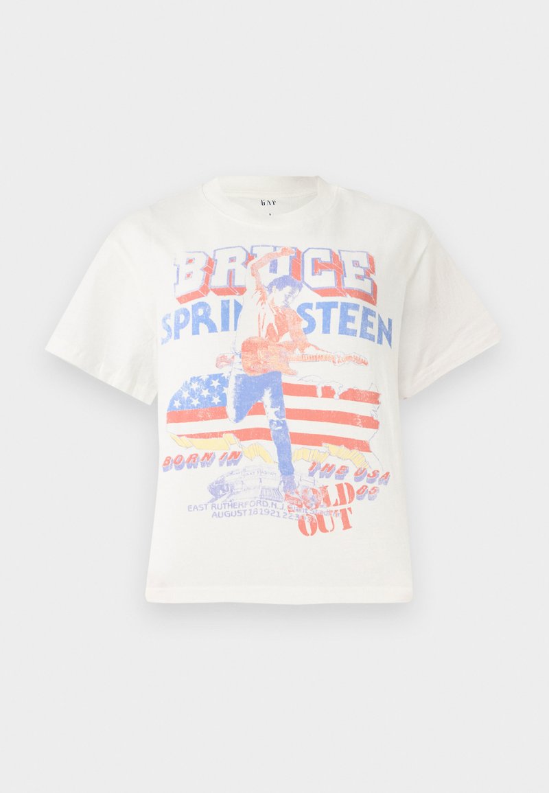 Weißes Baumwoll-T-Shirt mit einem Grafikdruck eines Gitarristen, dem Text "Bruce Springsteen" und einem Hintergrund in Rot und Blau mit der amerikanischen Flagge.