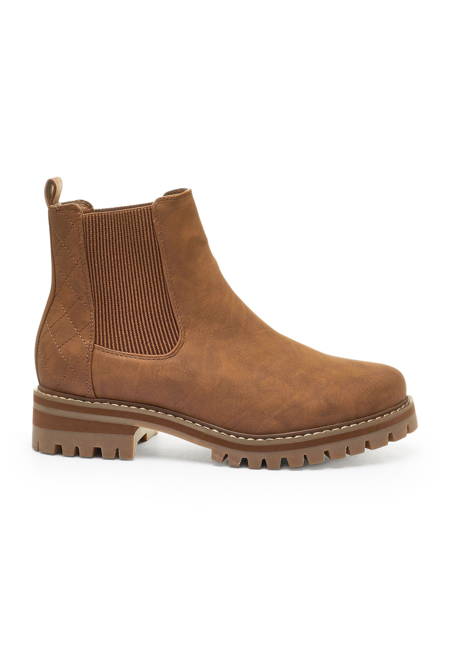Braune Leder-Ankle-Boots mit gestreiften elastischen Seiten, gesteppten Akzenten, runder Zehenform und einer robusten, strukturierten Sohle. Leichtes Design für Vielseitigkeit.