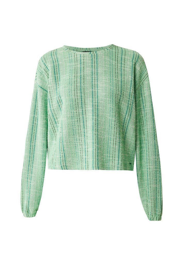 Langärmliger, hellgrüner Strickpullover mit vertikalen strukturierten Streifen in dunklerem Grün, Rundhalsausschnitt und elastischen Bündchen.