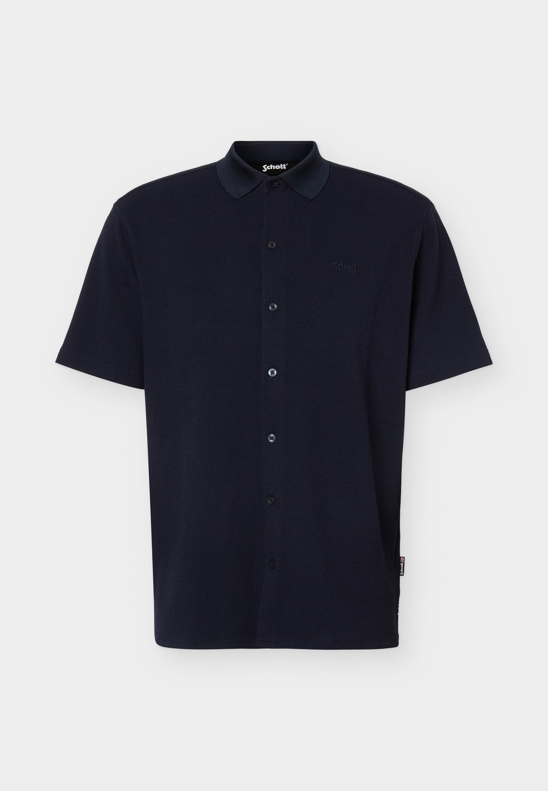 Marineblaue, kurzärmelige Poloshirt mit Knopfleiste, texturiertem Stoff und kleinem, gesticktem Logo auf der linken Brust.