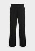 Schwarze Hosen mit elastischem Bund, geradem Bein und glattem Stoff. Keine sichtbaren Muster oder Metalldetails.