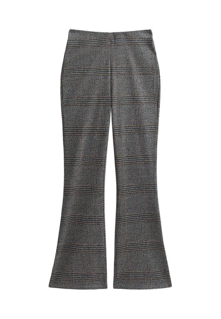 Hochtaillierte, ausgestellte Hose mit schwarz-weißer und brauner Karomuster, taillierter Schnitt, keine sichtbaren Taschen oder Verschlüsse.