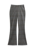 Hochtaillierte, ausgestellte Hose mit schwarz-weißer und brauner Karomuster, taillierter Schnitt, keine sichtbaren Taschen oder Verschlüsse.