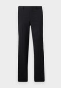 Schwarze maßgeschneiderte Hose mit geradem Schnitt, scharfen Falten und glatter Oberfläche. Hergestellt aus leichtem Stoff mit einem sauberen Bund.