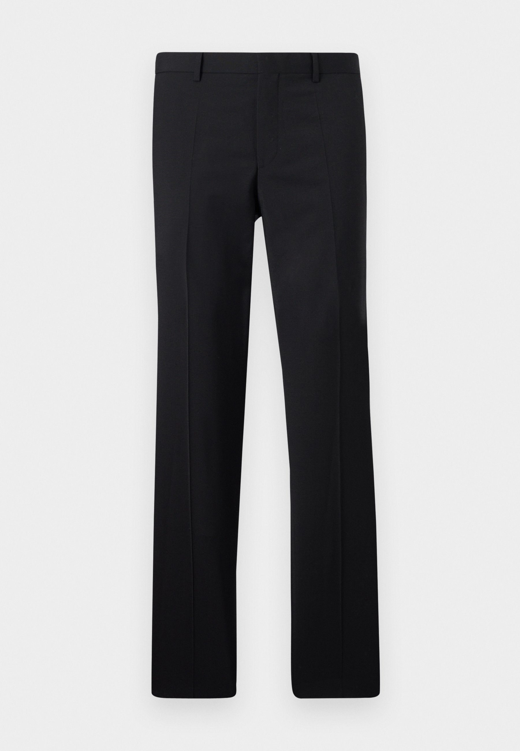 Schwarze maßgeschneiderte Hose mit geradem Schnitt, scharfen Falten und glatter Oberfläche. Hergestellt aus leichtem Stoff mit einem sauberen Bund.