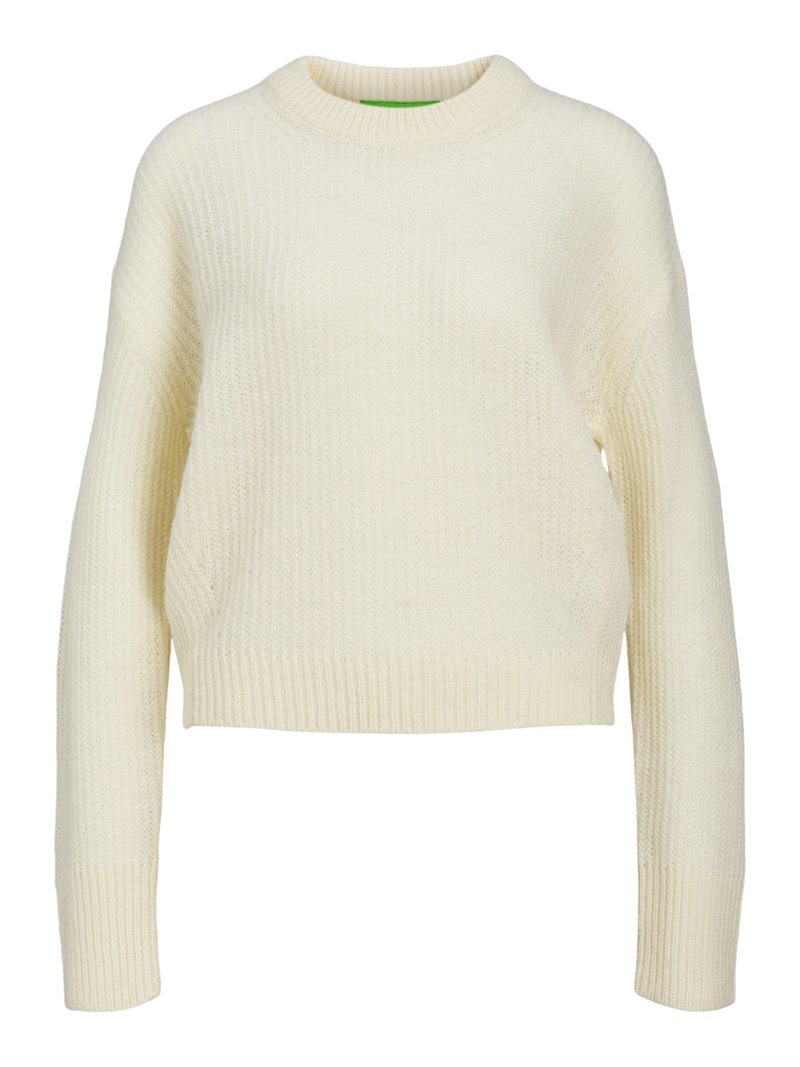 Langärmeliger, cremefarbener Strickpullover mit Rundhalsausschnitt und gerippten Bündchen und Saum.