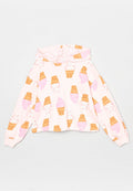 Hellrosa Kapuzenpullover mit einem Gesamtdruck aus rosa und weißen Softeis-Waffelhörnchen auf Waffelhörnern.