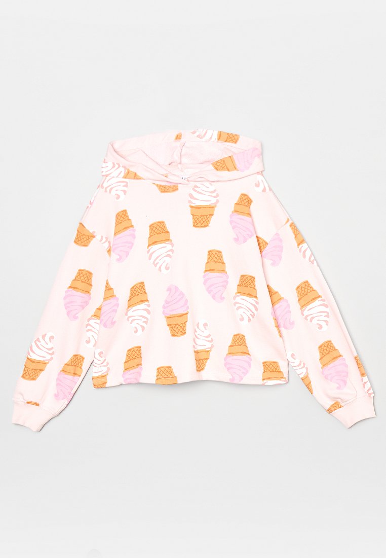 Hellrosa Kapuzenpullover mit einem Gesamtdruck aus rosa und weißen Softeis-Waffelhörnchen auf Waffelhörnern.