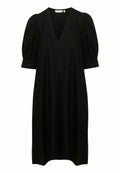 Schwarzes Kleid mit V-Ausschnitt, puffvollen kurzen Ärmeln und lockerer Passform. Aus leichtem Stoff gefertigt, mit einer glatten Textur.