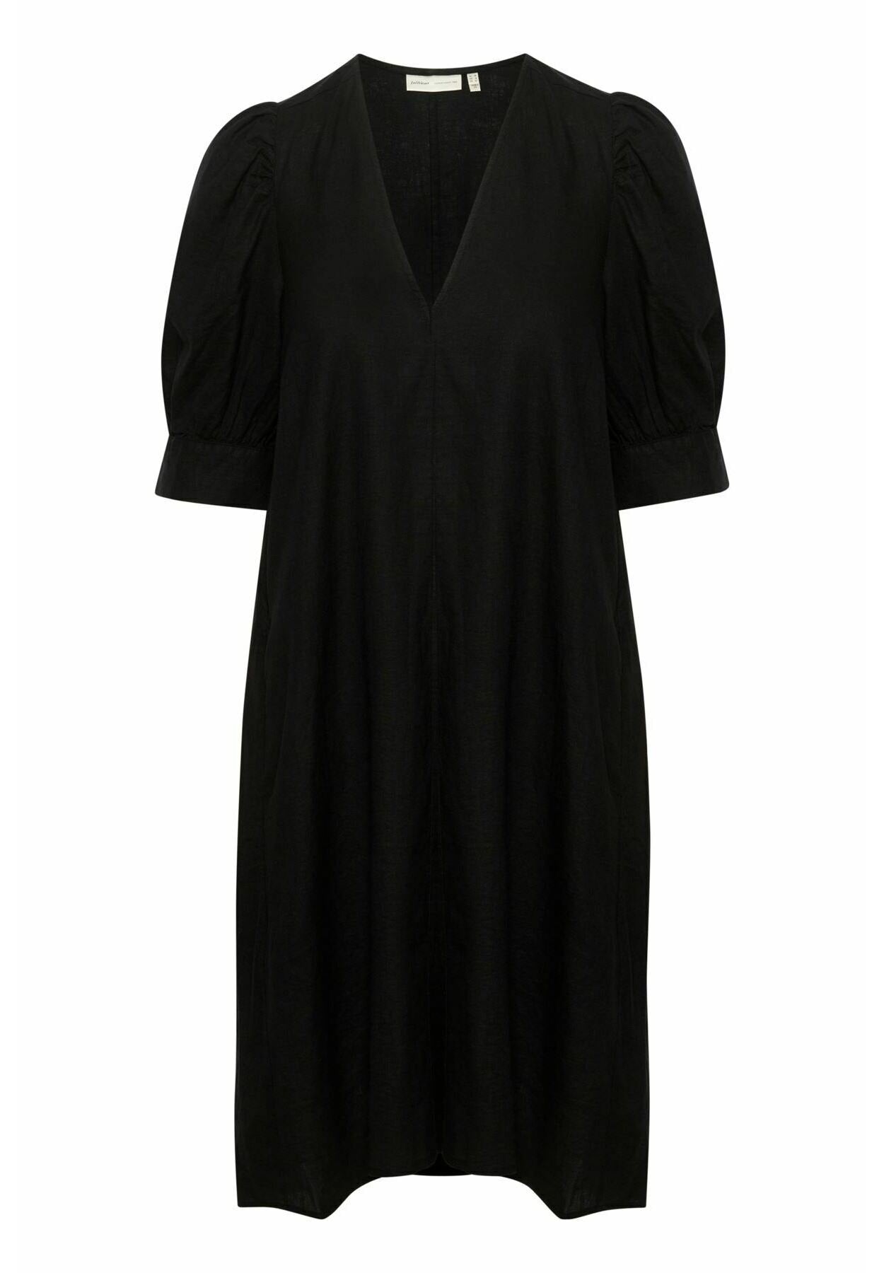 Schwarzes Kleid mit V-Ausschnitt, puffvollen kurzen Ärmeln und lockerer Passform. Aus leichtem Stoff gefertigt, mit einer glatten Textur.