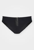Schwarzer Bikini-Hintern mit einem Reißverschlussverschluss vorne, glattem Stoff mit leichtem Glanz und einer strukturierten, dreieckigen Form.