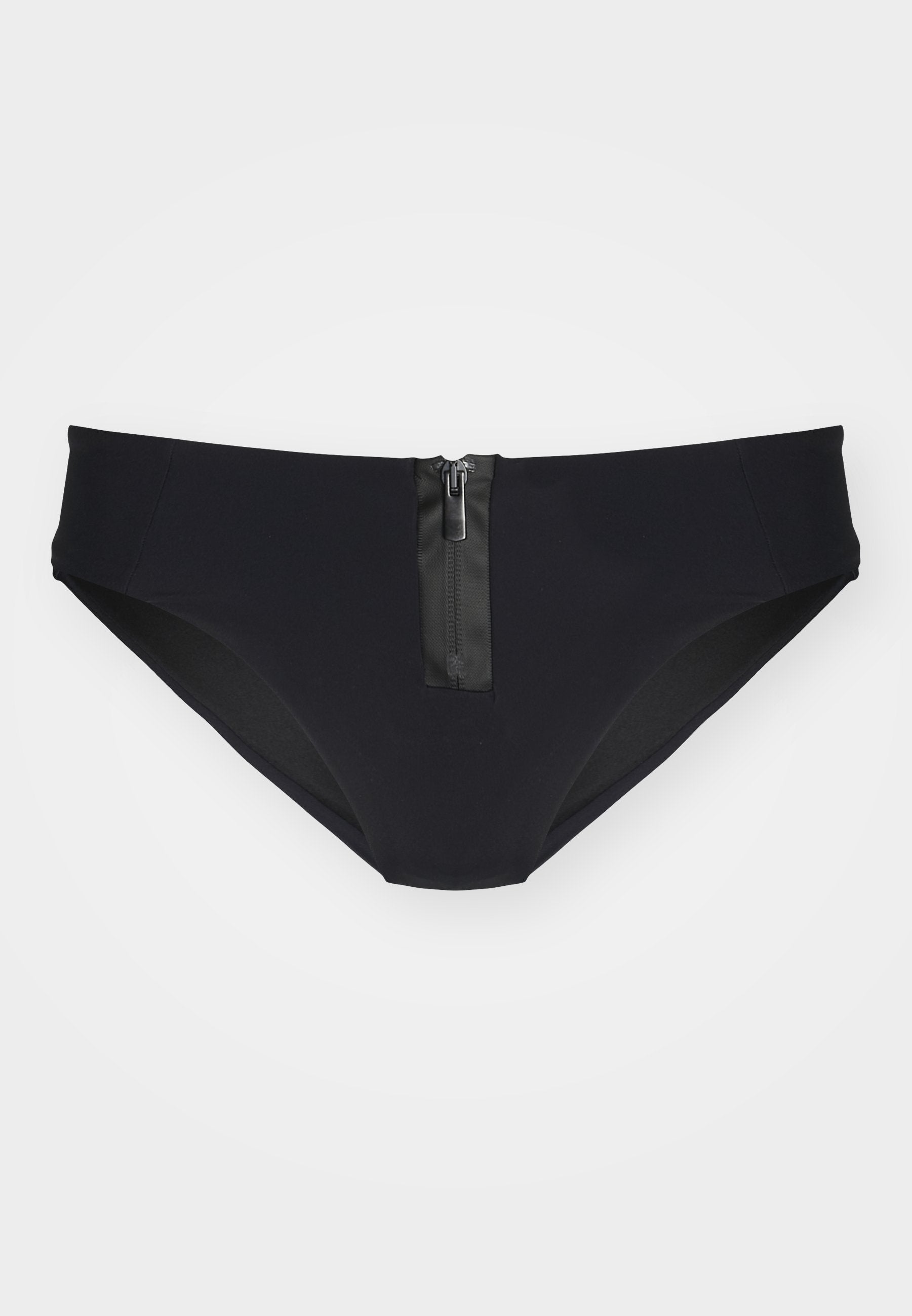 Schwarzer Bikini-Hintern mit einem Reißverschlussverschluss vorne, glattem Stoff mit leichtem Glanz und einer strukturierten, dreieckigen Form.