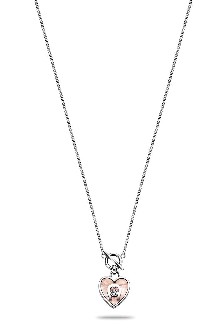 Silberne Kettenhalskette mit einem Herzanhänger, dessen Innenleben aus Roségold besteht und der in der Mitte mit einem kleinen Edelsteindetail versehen ist.